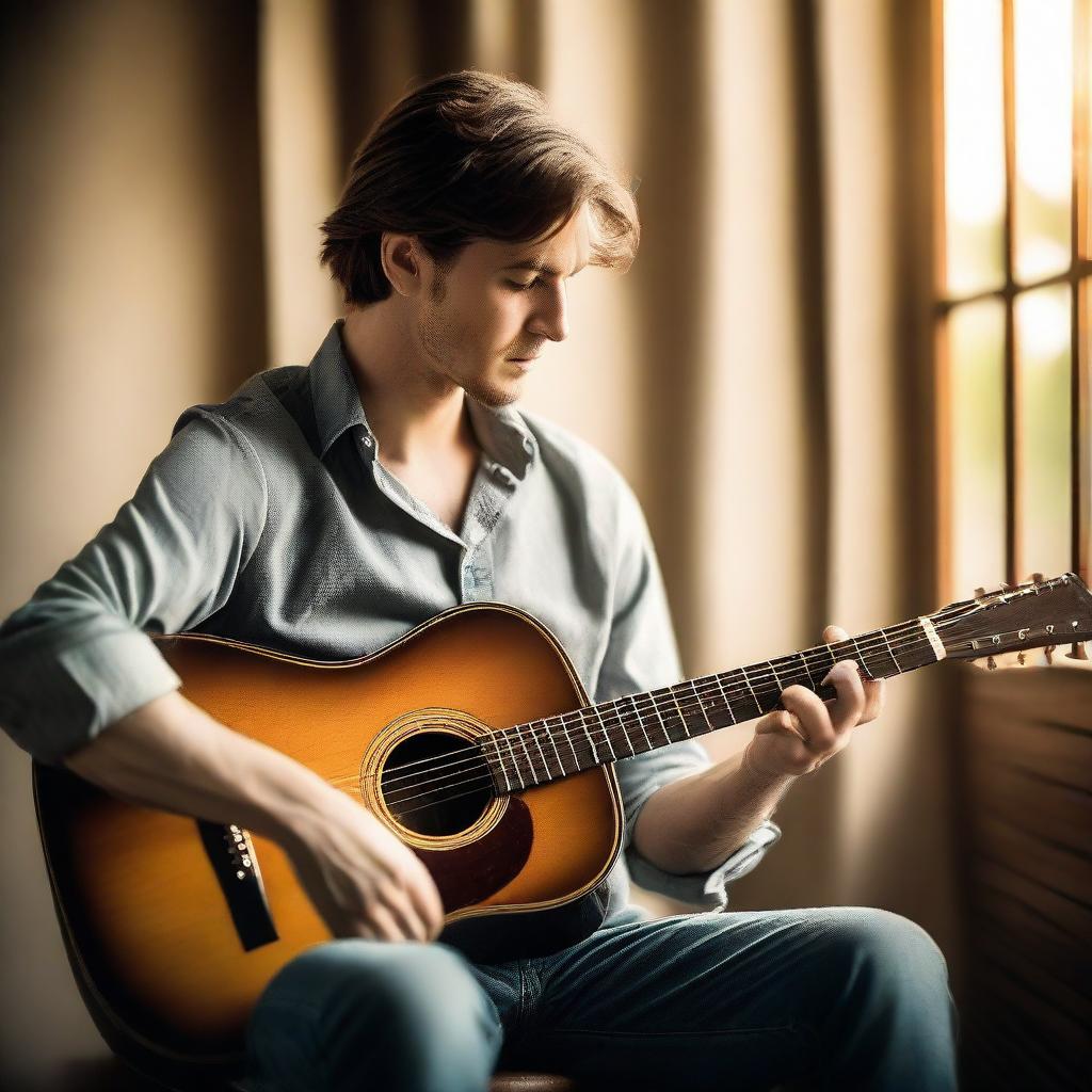 A man skillfully playing an acoustic guitar in a serene, warm atmosphere.