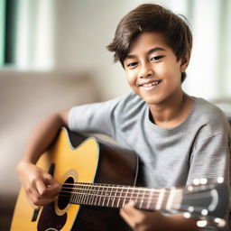 A boy skillfully playing an acoustic guitar in a youthful and energetic environment.