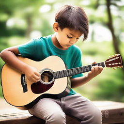 A boy skillfully playing an acoustic guitar in a youthful and energetic environment.