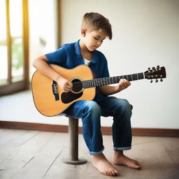 A boy skillfully playing an acoustic guitar in a youthful and energetic environment.