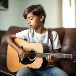 A boy skillfully playing an acoustic guitar in a youthful and energetic environment.