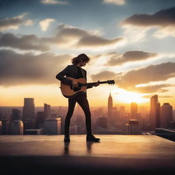 A young, passionate guitarist playing on a city's vantage point, overlooking the glowing skyline during sunset.