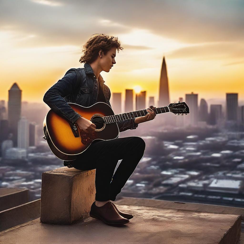 A young, passionate guitarist playing on a city's vantage point, overlooking the glowing skyline during sunset.