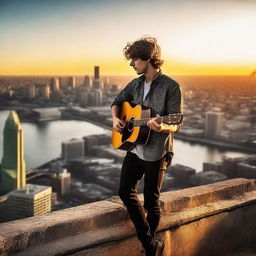 A young, passionate guitarist playing on a city's vantage point, overlooking the glowing skyline during sunset.