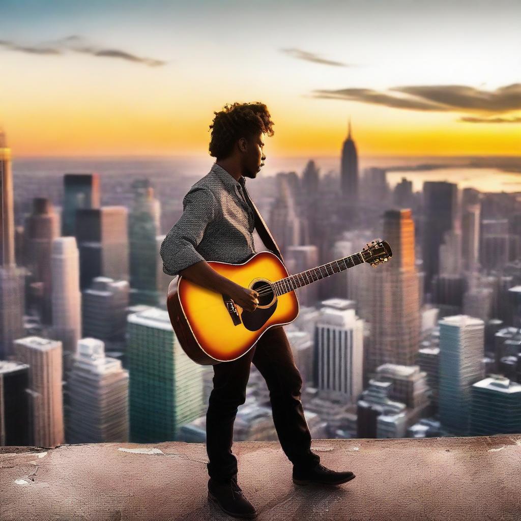 A young, passionate guitarist playing on a city's vantage point, overlooking the glowing skyline during sunset.