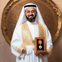 Sheikh Abi Al-Yaqzan, elegantly donned in traditional Arabic attire, holding the prestigious Nobel Prize with a background signifying his major achievements.