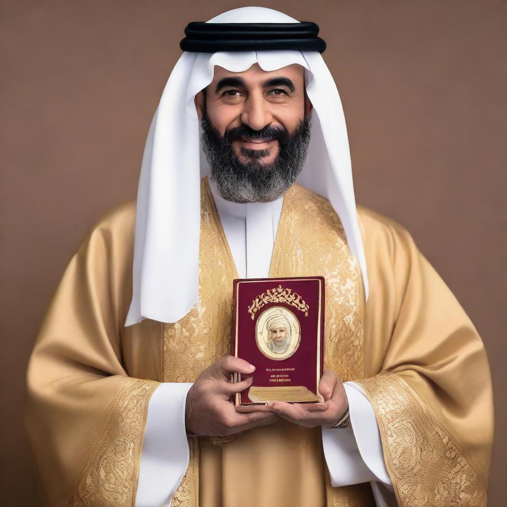 Sheikh Abi Al-Yaqzan, elegantly donned in traditional Arabic attire, holding the prestigious Nobel Prize with a background signifying his major achievements.