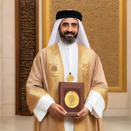 Sheikh Abi Al-Yaqzan, elegantly donned in traditional Arabic attire, holding the prestigious Nobel Prize with a background signifying his major achievements.