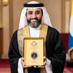 Sheikh Abi Al-Yaqzan, elegantly donned in traditional Arabic attire, holding the prestigious Nobel Prize with a background signifying his major achievements.