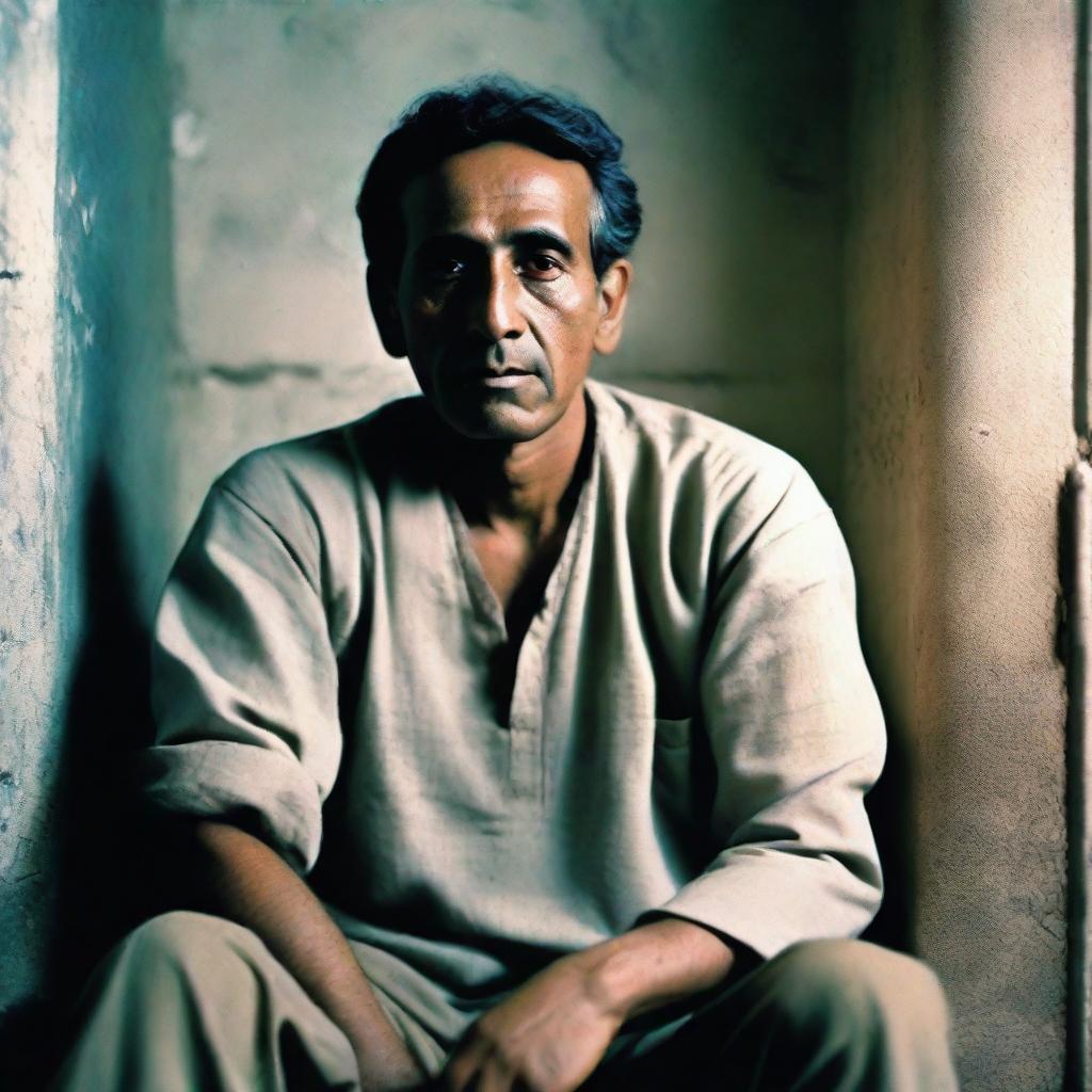 A man named Abdul Hamid, dressed in simple clothing, sitting solemnly inside a prison cell with grim, cold stone walls surrounding him.