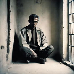 A man named Abdul Hamid, dressed in simple clothing, sitting solemnly inside a prison cell with grim, cold stone walls surrounding him.