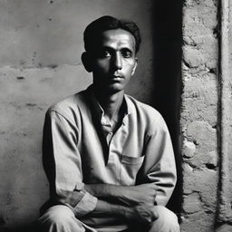 A man named Abdul Hamid, dressed in simple clothing, sitting solemnly inside a prison cell with grim, cold stone walls surrounding him.