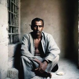 A man named Abdul Hamid, dressed in simple clothing, sitting solemnly inside a prison cell with grim, cold stone walls surrounding him.