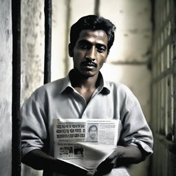 Abdul Hamid, dressed in plain clothes, in a bleak prison cell with a newspaper in the foreground reporting his incarceration due to a hate speech.