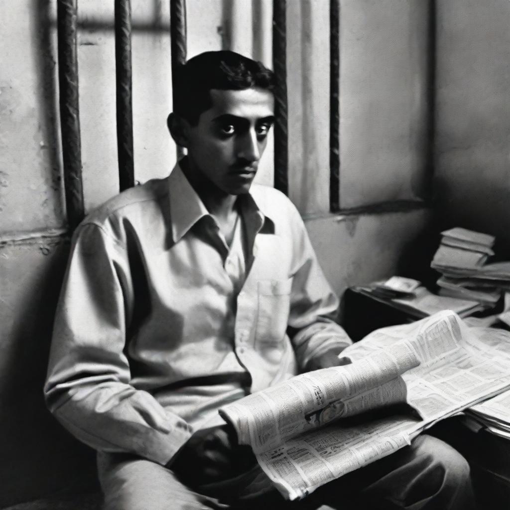 Abdul Hamid, dressed in plain clothes, in a bleak prison cell with a newspaper in the foreground reporting his incarceration due to a hate speech.