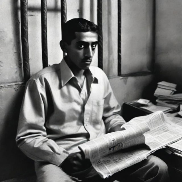 Abdul Hamid, dressed in plain clothes, in a bleak prison cell with a newspaper in the foreground reporting his incarceration due to a hate speech.