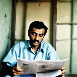 Abdul Hamid, dressed in plain clothes, in a bleak prison cell with a newspaper in the foreground reporting his incarceration due to a hate speech.