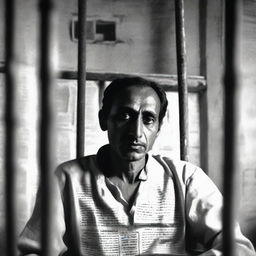 Abdul Hamid, dressed in plain clothes, in a bleak prison cell with a newspaper in the foreground reporting his incarceration due to a hate speech.