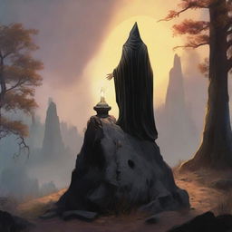Create a dark fantasy 1970s-style painting with a mage atop a rustic stone pedestal, the ground all stone. In the landscape, a forest and a dimly lit early morning sunrise. Below the stone where the mage stands, 20 subordinate mages kneel for the blessing.
