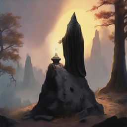 Create a dark fantasy 1970s-style painting with a mage atop a rustic stone pedestal, the ground all stone. In the landscape, a forest and a dimly lit early morning sunrise. Below the stone where the mage stands, 20 subordinate mages kneel for the blessing.