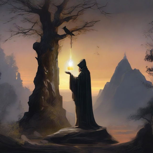 Create a dark fantasy 1970s-style painting with a mage atop a rustic stone pedestal, the ground all stone. In the landscape, a forest and a dimly lit early morning sunrise. Below the stone where the mage stands, 20 subordinate mages kneel for the blessing.