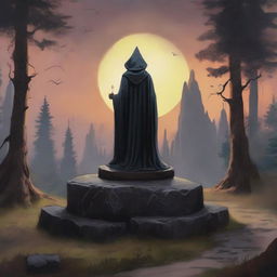 Create a dark fantasy 1970s-style painting with a mage atop a rustic stone pedestal, the ground all stone. In the landscape, a forest and a dimly lit early morning sunrise. Below the stone where the mage stands, 20 subordinate mages kneel for the blessing.