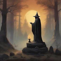 Create a dark fantasy 1970s-style painting with a mage atop a rustic stone pedestal, the ground all stone. In the landscape, a forest and a dimly lit early morning sunrise. Below the stone where the mage stands, 20 subordinate mages kneel for the blessing.