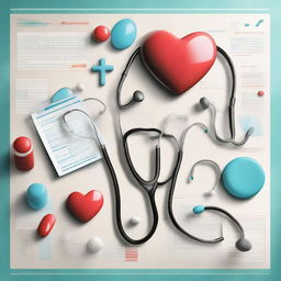 A professional medical background, incorporating symbolic representations of healthcare, such as stethoscopes, hearts, medical charts, and pills, set against a clean, slick design.