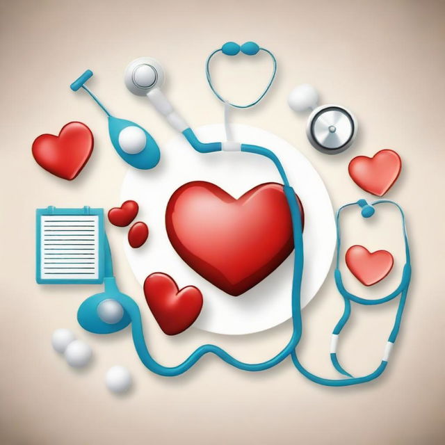 A professional medical background, incorporating symbolic representations of healthcare, such as stethoscopes, hearts, medical charts, and pills, set against a clean, slick design.