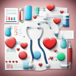 A professional medical background, incorporating symbolic representations of healthcare, such as stethoscopes, hearts, medical charts, and pills, set against a clean, slick design.