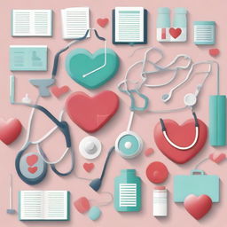 A professional medical background, incorporating symbolic representations of healthcare, such as stethoscopes, hearts, medical charts, and pills, set against a clean, slick design.