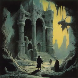 Paper art rendition of a 1970's dark fantasy book cover, Dungeons & Dragons style, reflecting the styles of Zdzisław Beksiński and Darrell K. Sweet.