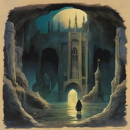 Paper art rendition of a 1970's dark fantasy book cover, Dungeons & Dragons style, reflecting the styles of Zdzisław Beksiński and Darrell K. Sweet.