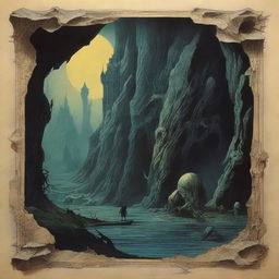 Paper art rendition of a 1970's dark fantasy book cover, Dungeons & Dragons style, reflecting the styles of Zdzisław Beksiński and Darrell K. Sweet.