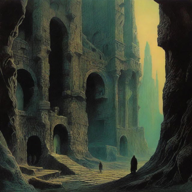 Create a 1970's dark fantasy book cover in a paper art style, reminiscent of Dungeons and Dragons, but evoking the surrealistic and dystopian themes common to art by Zdzisław Beksiński and Darrell K. Sweet.