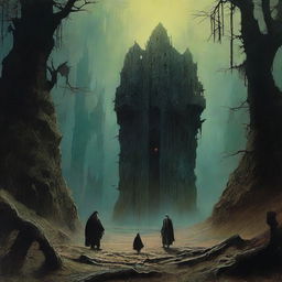 Create a 1970's dark fantasy book cover in a paper art style, reminiscent of Dungeons and Dragons, but evoking the surrealistic and dystopian themes common to art by Zdzisław Beksiński and Darrell K. Sweet.