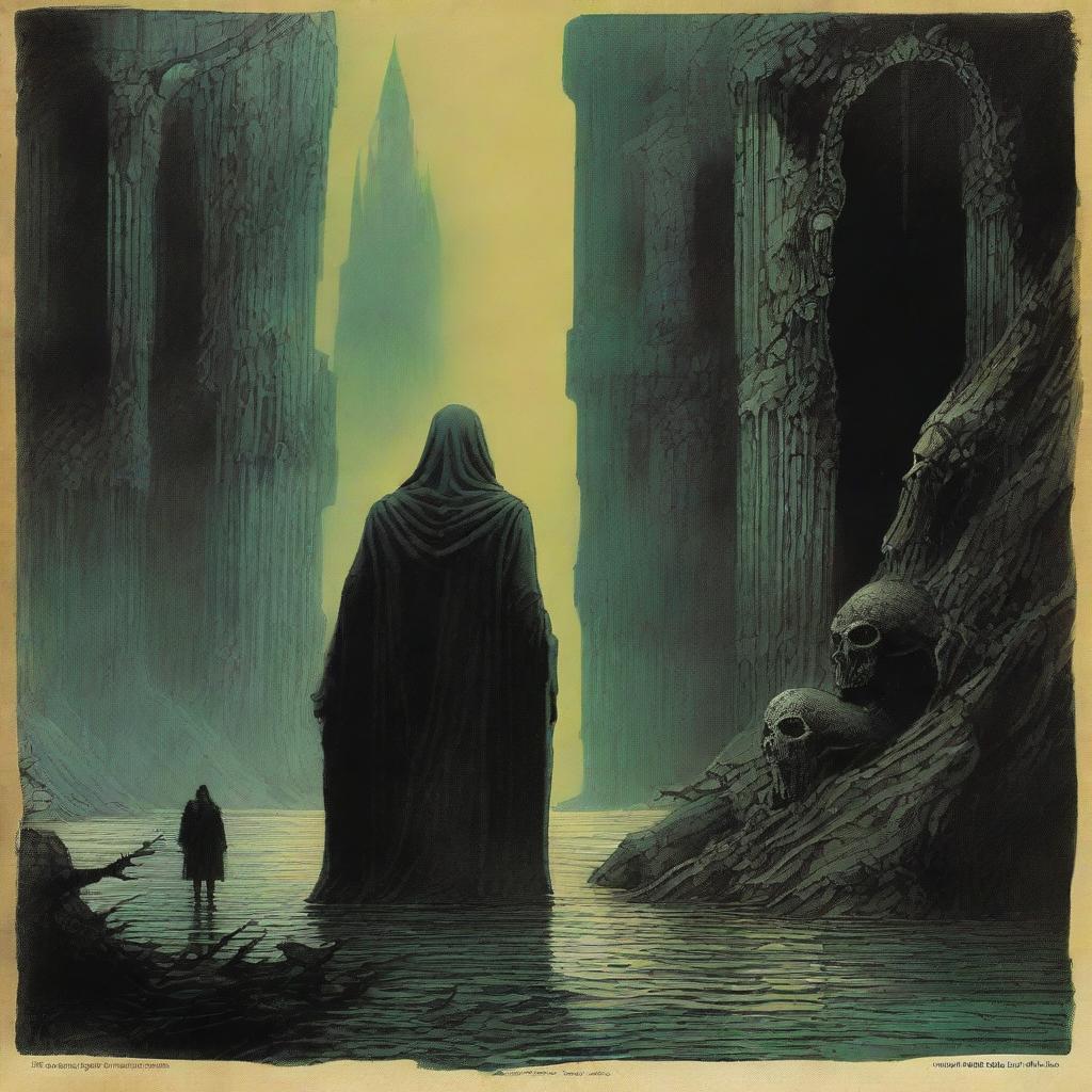 Create a 1970's dark fantasy book cover in a paper art style, reminiscent of Dungeons and Dragons, but evoking the surrealistic and dystopian themes common to art by Zdzisław Beksiński and Darrell K. Sweet.