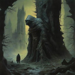 Create a 1970's dark fantasy book cover in a paper art style, reminiscent of Dungeons and Dragons, but evoking the surrealistic and dystopian themes common to art by Zdzisław Beksiński and Darrell K. Sweet.