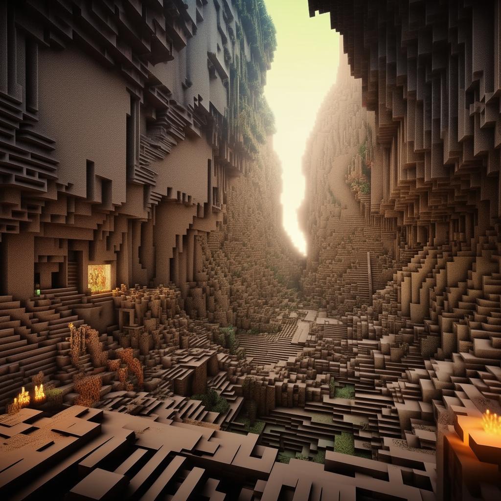 Compose a Minecraft scene inspired by the artistic styles of Zdzisław Beksiński and Darrell K. Sweet, trading pixels for surrealism and dystopian themes.