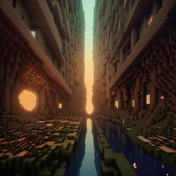 Compose a Minecraft scene inspired by the artistic styles of Zdzisław Beksiński and Darrell K. Sweet, trading pixels for surrealism and dystopian themes.