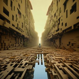 Compose a Minecraft scene inspired by the artistic styles of Zdzisław Beksiński and Darrell K. Sweet, trading pixels for surrealism and dystopian themes.