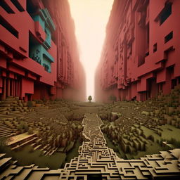 Compose a Minecraft scene inspired by the artistic styles of Zdzisław Beksiński and Darrell K. Sweet, trading pixels for surrealism and dystopian themes.