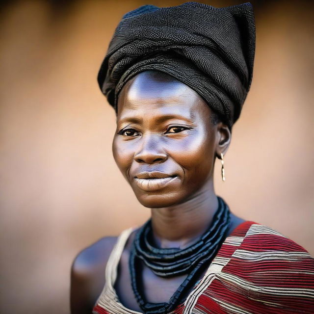 A dignified portrait of a Black Malawian woman, displaying strength and grace in her traditional attire.