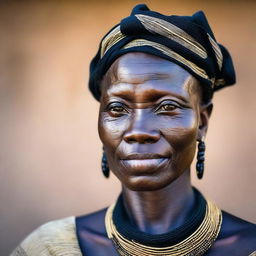 A dignified portrait of a Black Malawian woman, displaying strength and grace in her traditional attire.