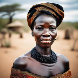 A dignified portrait of a Black Malawian woman, displaying strength and grace in her traditional attire.