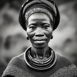 A dignified portrait of a Black Malawian woman, displaying strength and grace in her traditional attire.