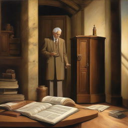 A still life depicting the conversion of Eliphalet into a Jehovah's Witness, using symbolic elements such as a Bible, a Watchtower magazine, and possibly a door, showing the peacefulness and dedication of his new faith.