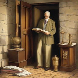 A still life depicting the conversion of Eliphalet into a Jehovah's Witness, using symbolic elements such as a Bible, a Watchtower magazine, and possibly a door, showing the peacefulness and dedication of his new faith.