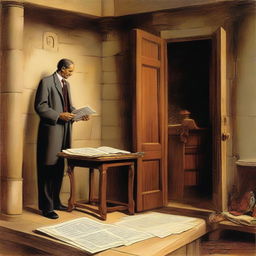 A still life depicting the conversion of Eliphalet into a Jehovah's Witness, using symbolic elements such as a Bible, a Watchtower magazine, and possibly a door, showing the peacefulness and dedication of his new faith.