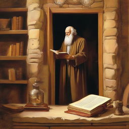 A still life depicting the conversion of Eliphalet into a Jehovah's Witness, using symbolic elements such as a Bible, a Watchtower magazine, and possibly a door, showing the peacefulness and dedication of his new faith.